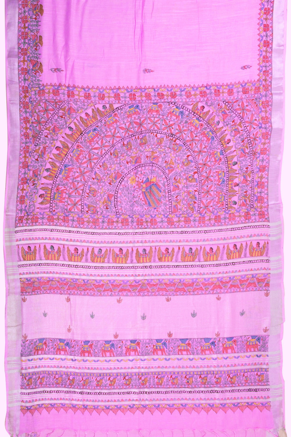 Pink Hand Painted Madhubani Linen Saree 10072727