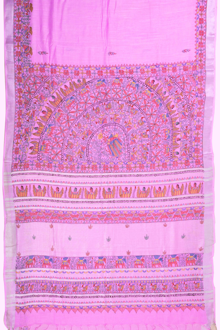 Pink Hand Painted Madhubani Linen Saree 10072727