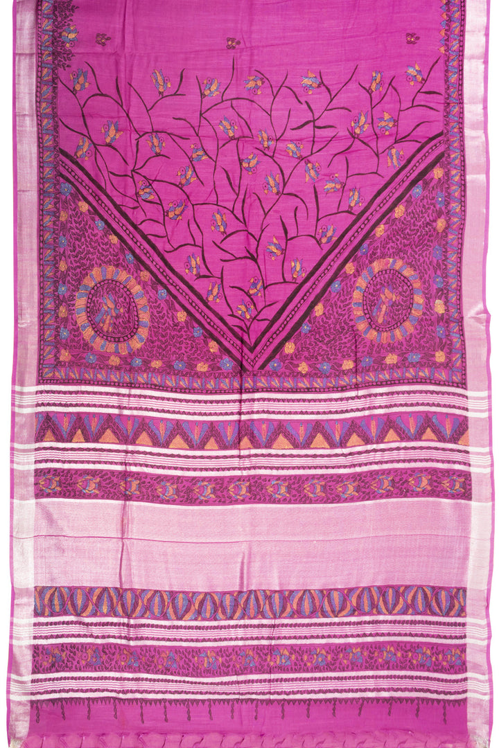 Pink Hand Painted Madhubani Linen Saree 10072728