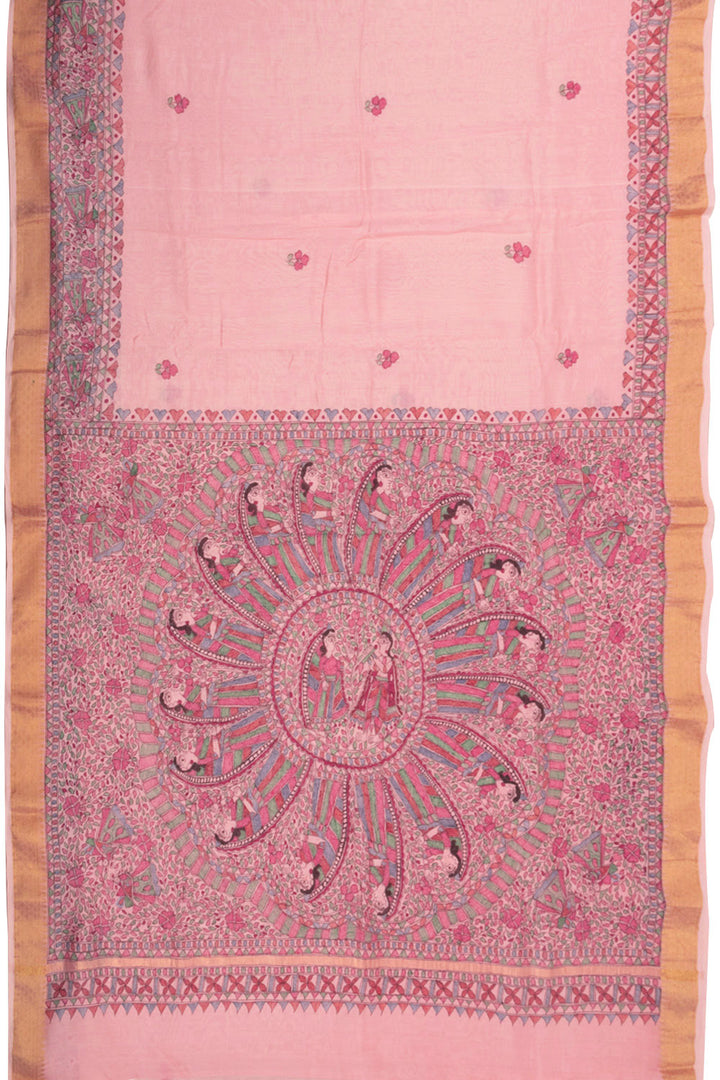 Peach Hand Painted Madhubani Silk Cotton Saree 10072729