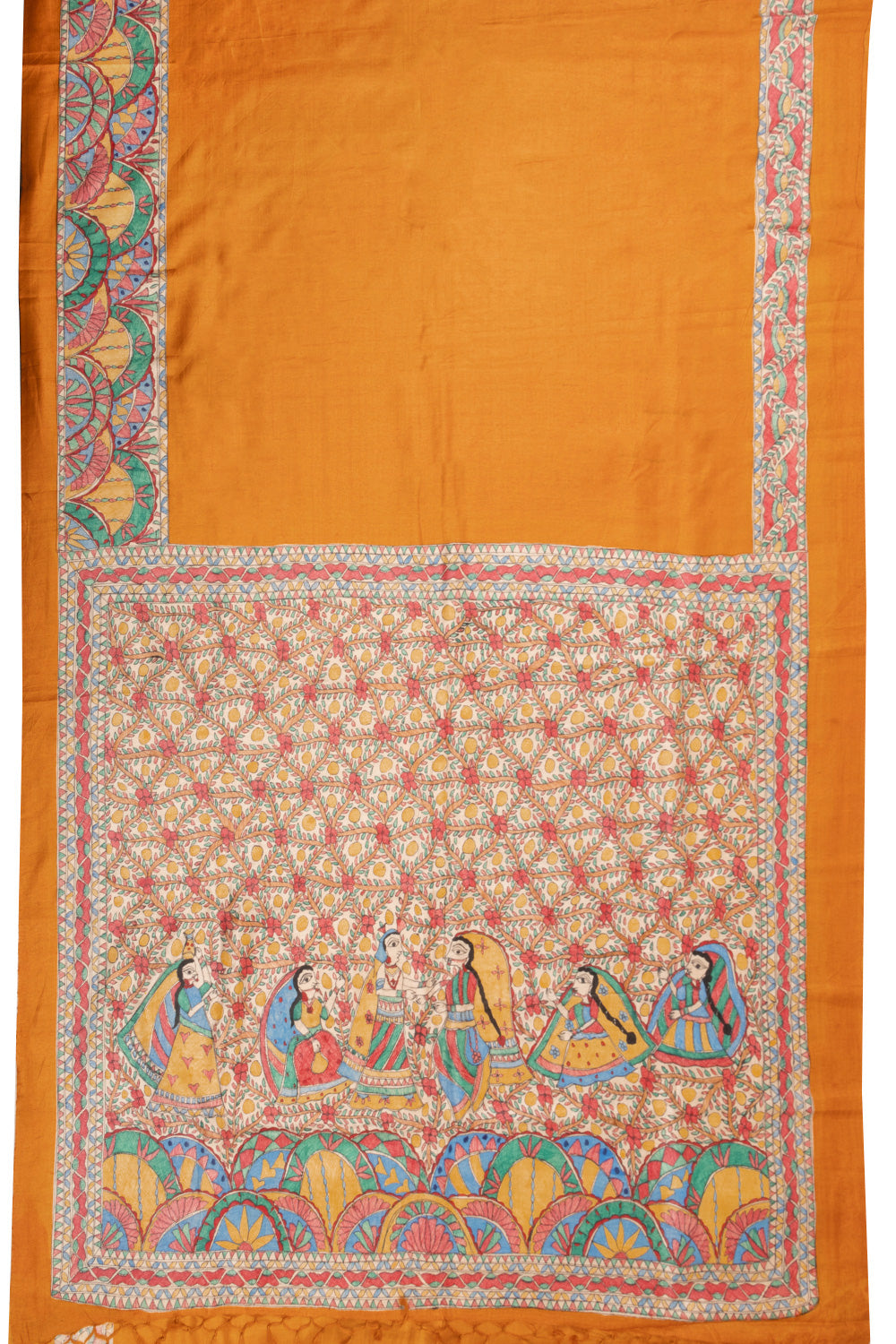 Yellow Hand Painted Madhubani Tussar Silk Saree 10072734