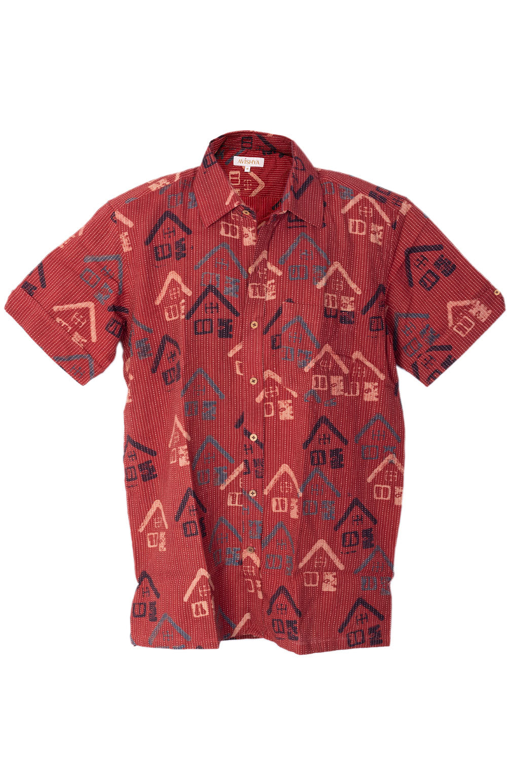 Red Half Sleeve Ajrakh Printed Cotton Mens Shirt 10073061