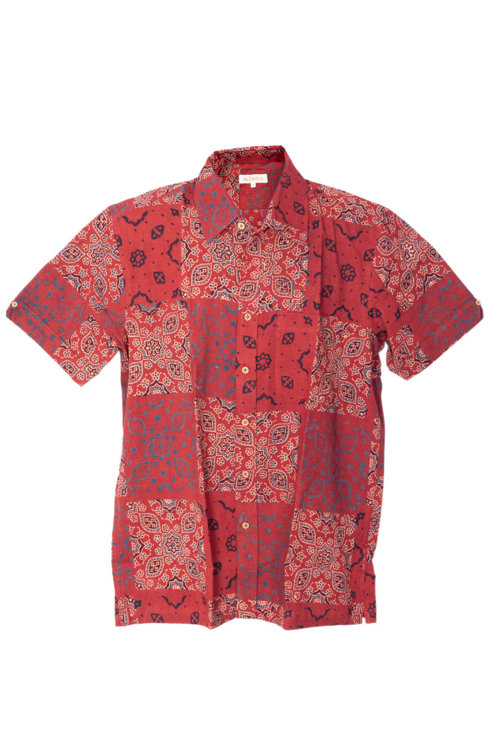 Red Half Sleeve Ajrakh Printed Cotton Mens Shirt 10073063