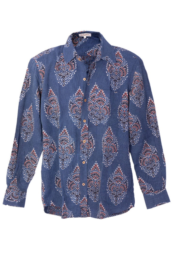 Blue Full Sleeve Ajrakh Printed Cotton Mens Shirt 10073163