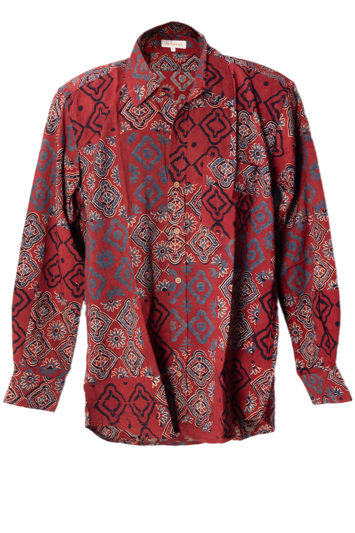 Red Full Sleeve Ajrakh Printed Cotton Mens Shirt 10073164