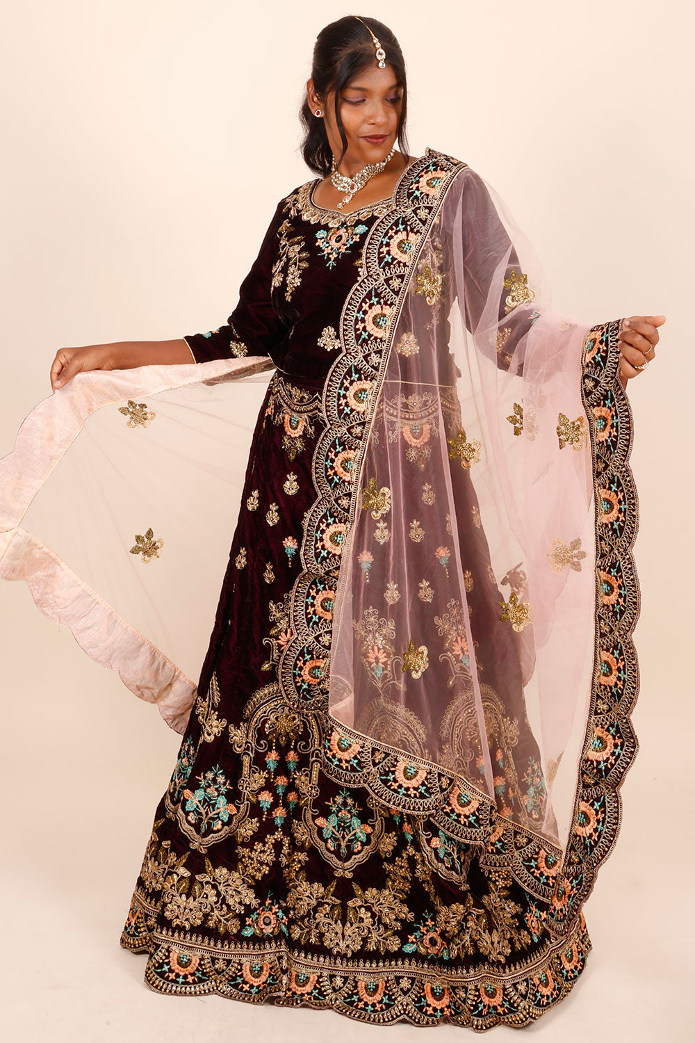 Violet Net Silk Embroidered Lehenga 