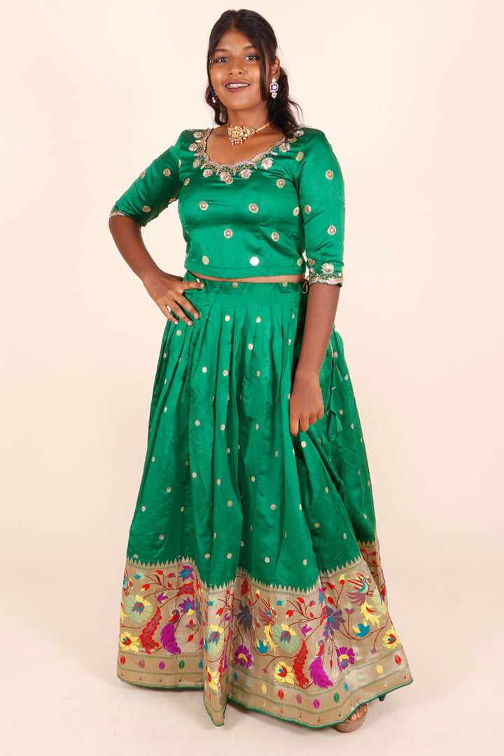 Green Handcrafted Paithani Lehenga - 10064745