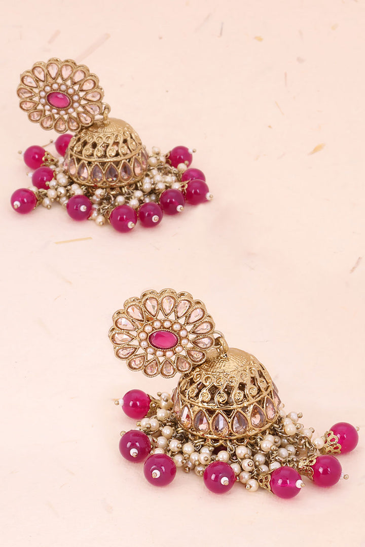 Handcrafted Pink Stones Cluster Beads Drop Jhumka Earrings 10069656