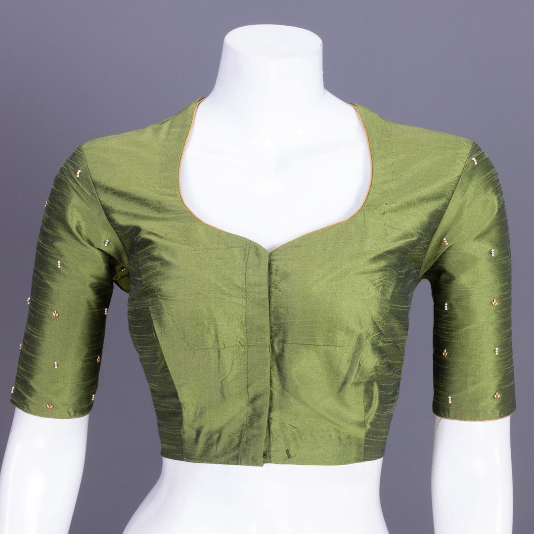 Olive Green Aari Embroidered Tussar Silk Blouse 10070439