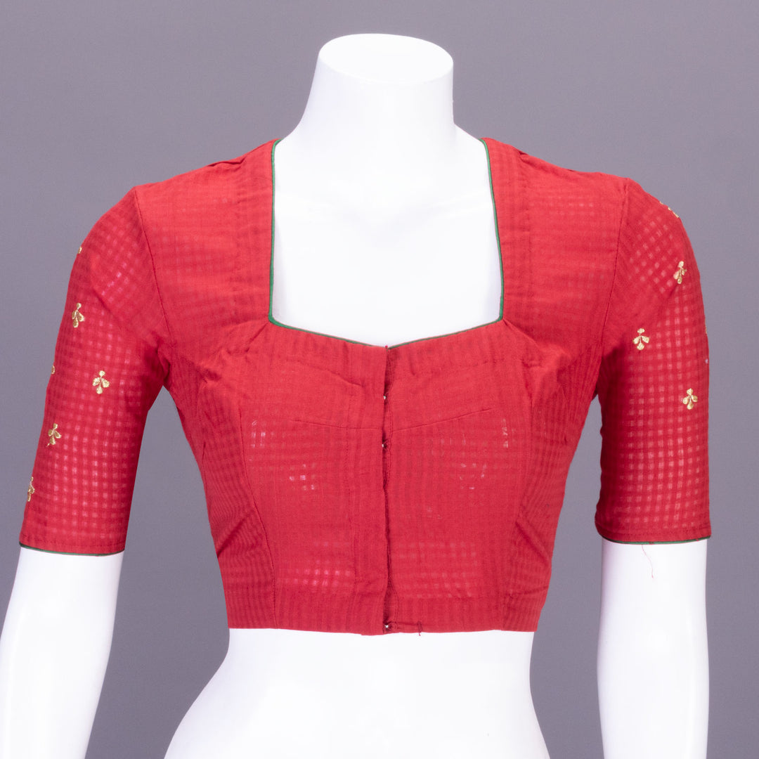 Red Slub Cotton Embroidered Blouse