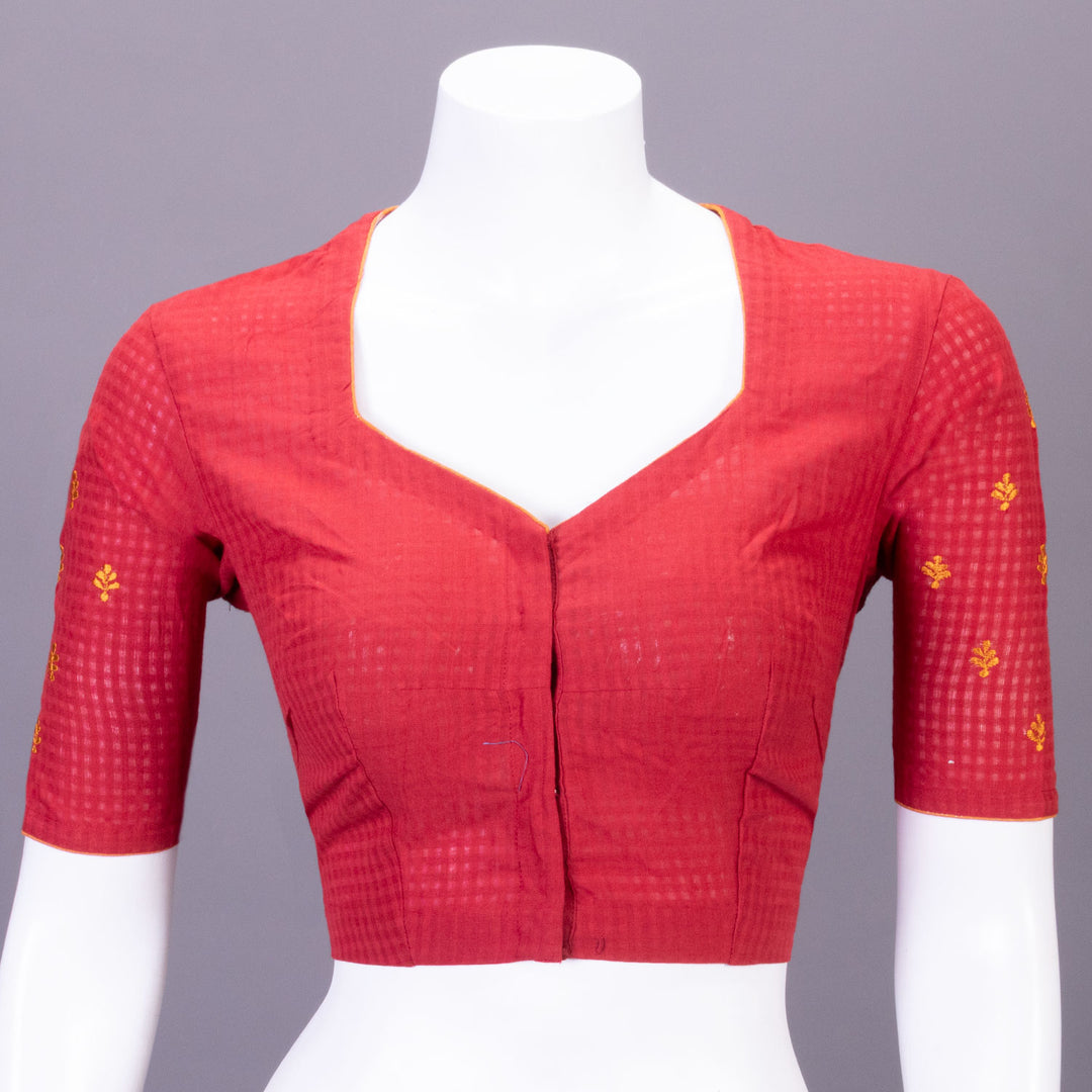 Red Slub Cotton Embroidered Blouse