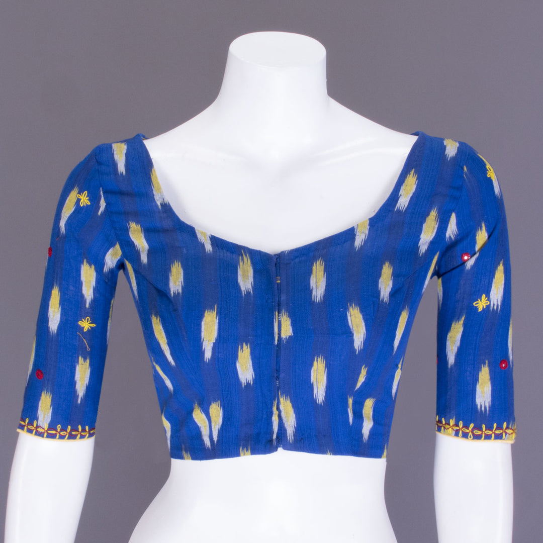 Azure Blue Mirror Work Embroidered Ikat Cotton Blouse 10070832