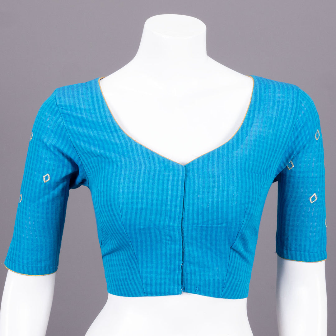 Blue Slub Cotton Embroidered Blouse