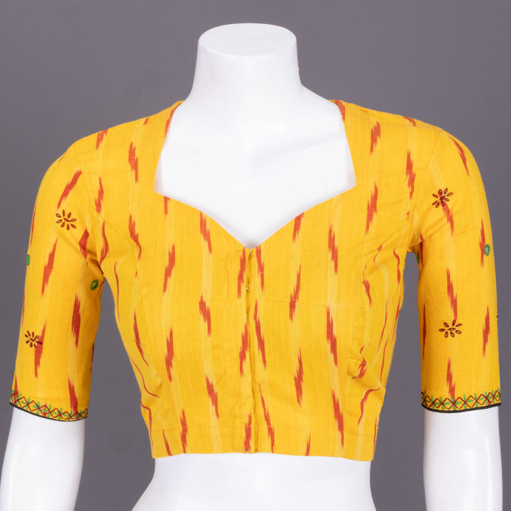 Yellow Ikat Mirror Work Embroidered Cotton Blouse