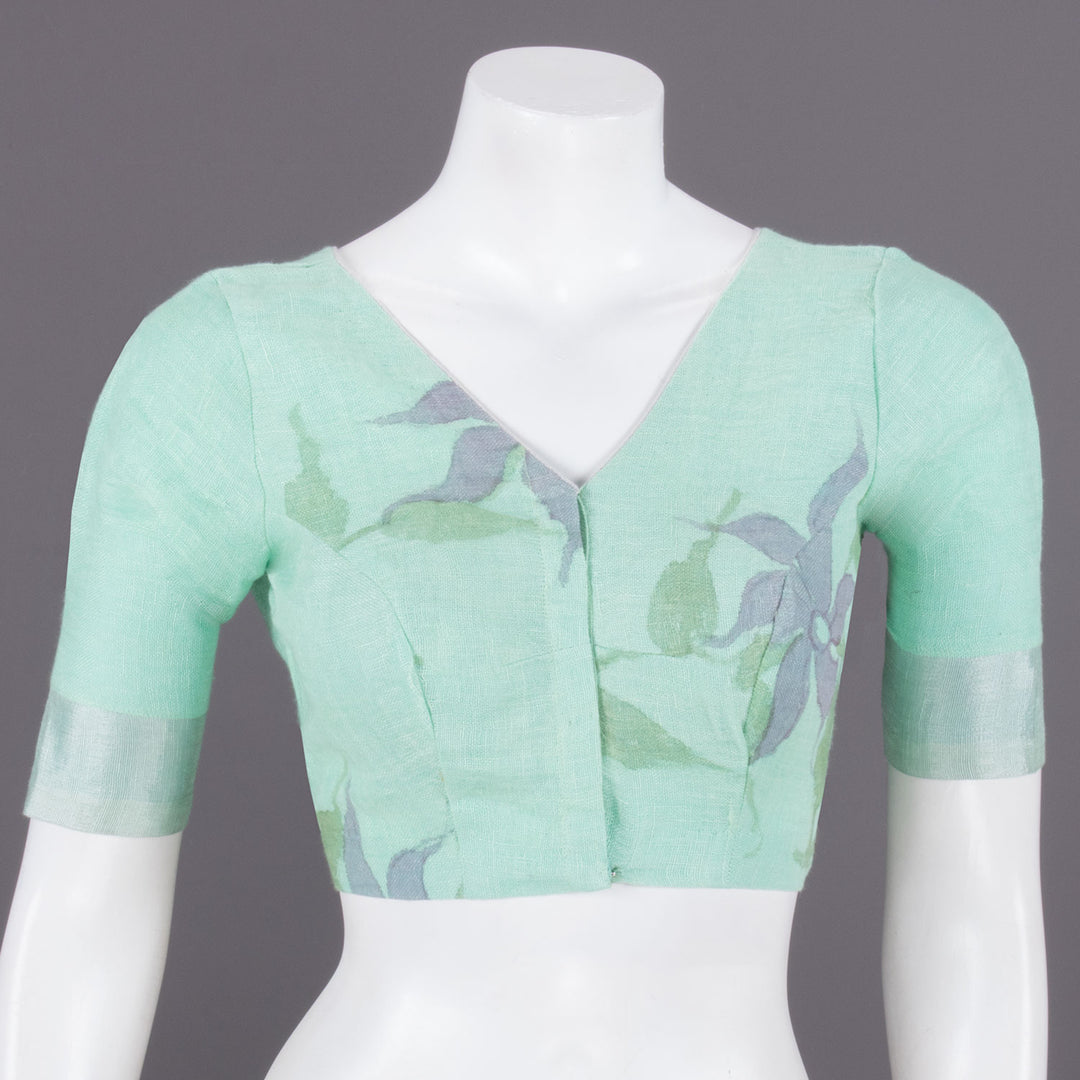 Pista Green Hand Block Printed Linen Blouse 