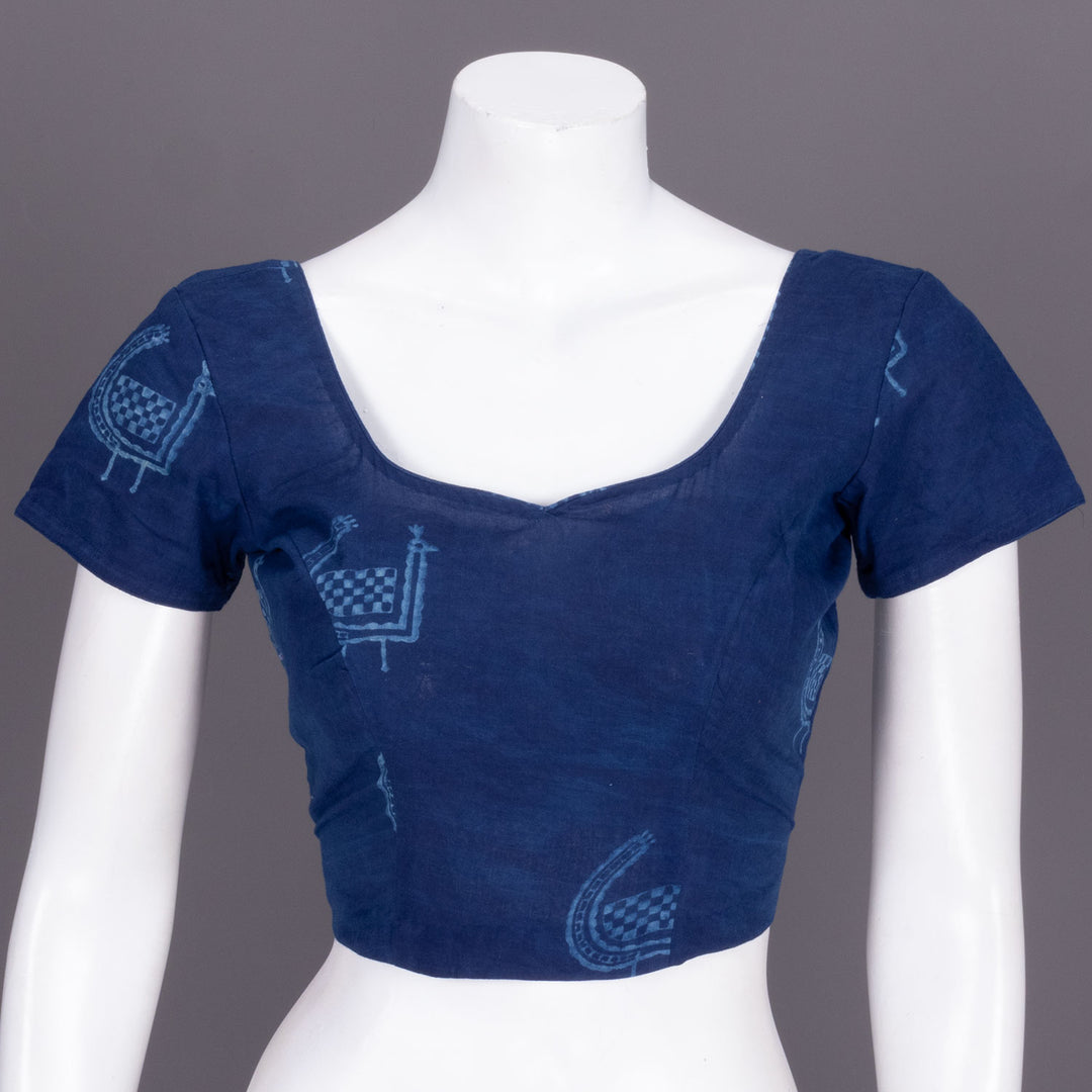 Blue Handprinted Indigo Cotton Blouse 10072463