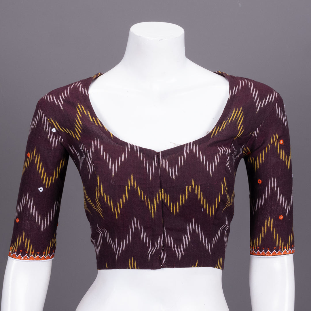 Brown Ikat Mirror Work Embroidered Cotton Blouse 10072474