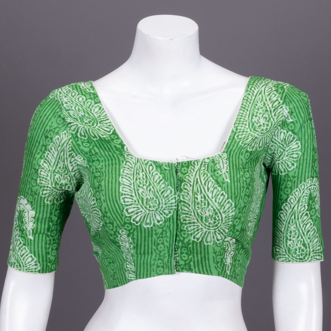 Green Hand Block Printed cotton Blouse 10072512