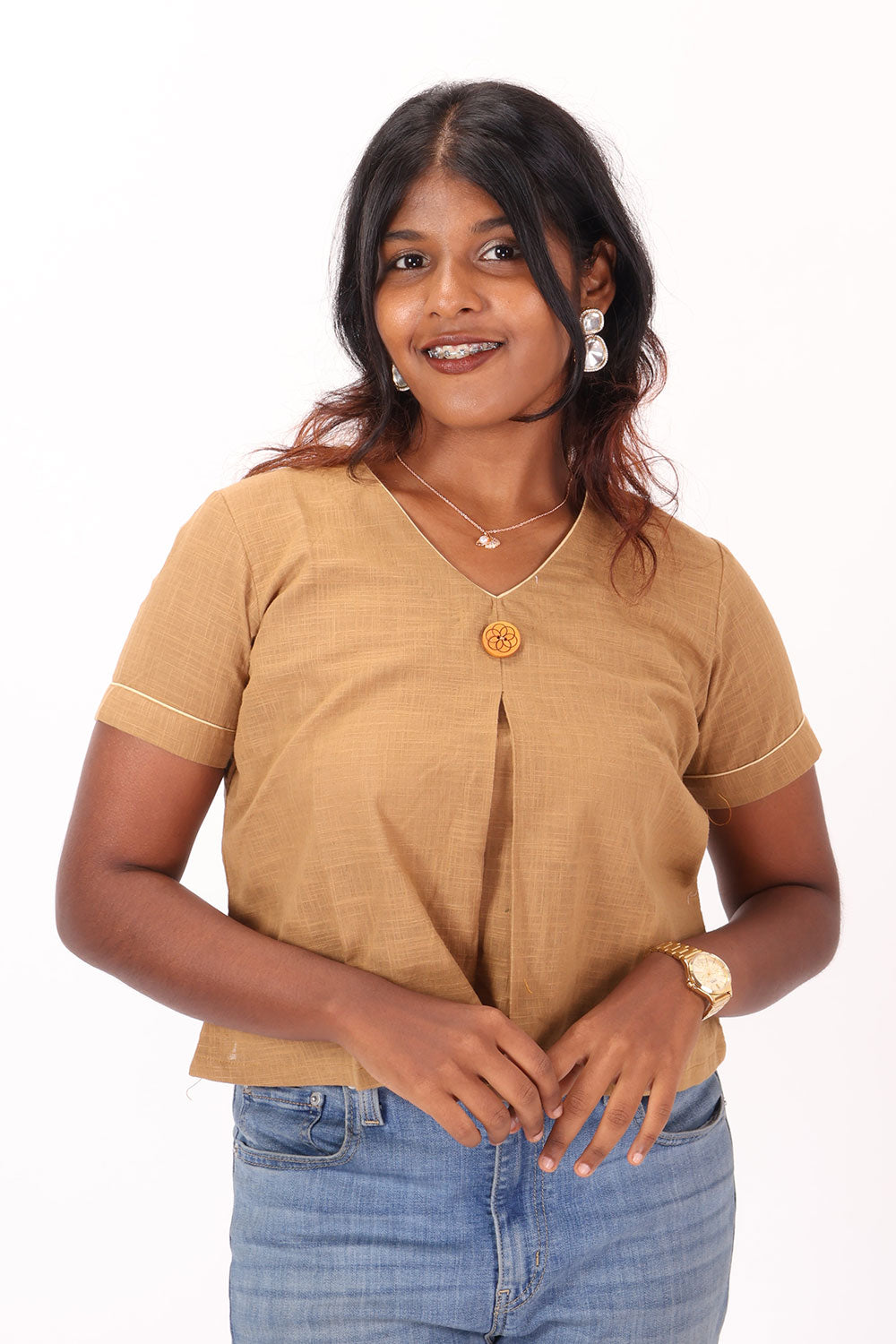 Brown Handcrafted Slub Cotton Crop Top 10073245