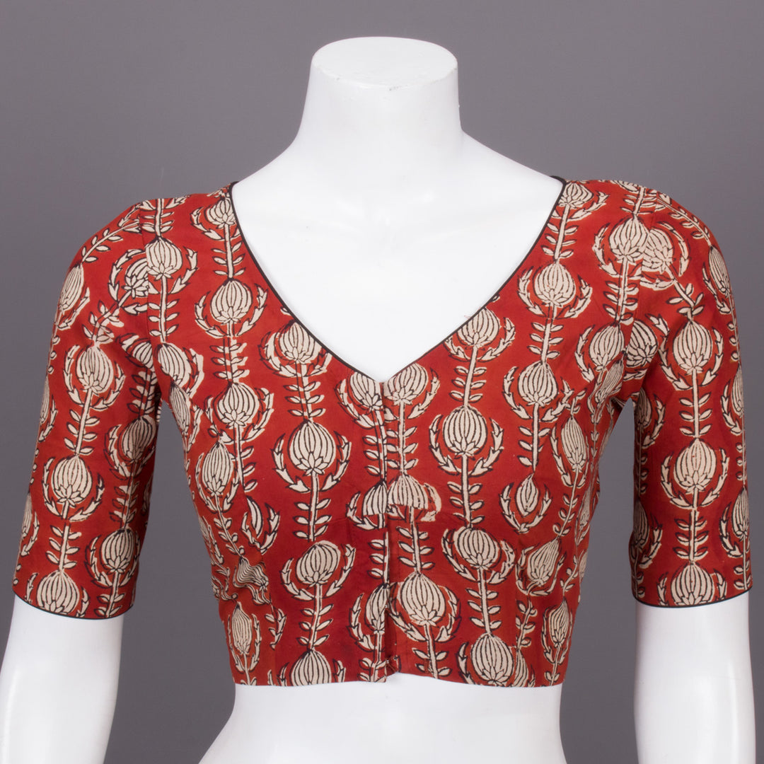 Red Hand Block Printed Cotton Blouse 10073302