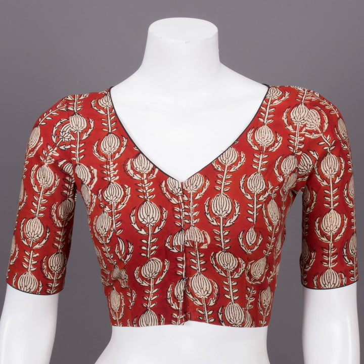 Red Hand Block Printed Cotton Blouse 10073303