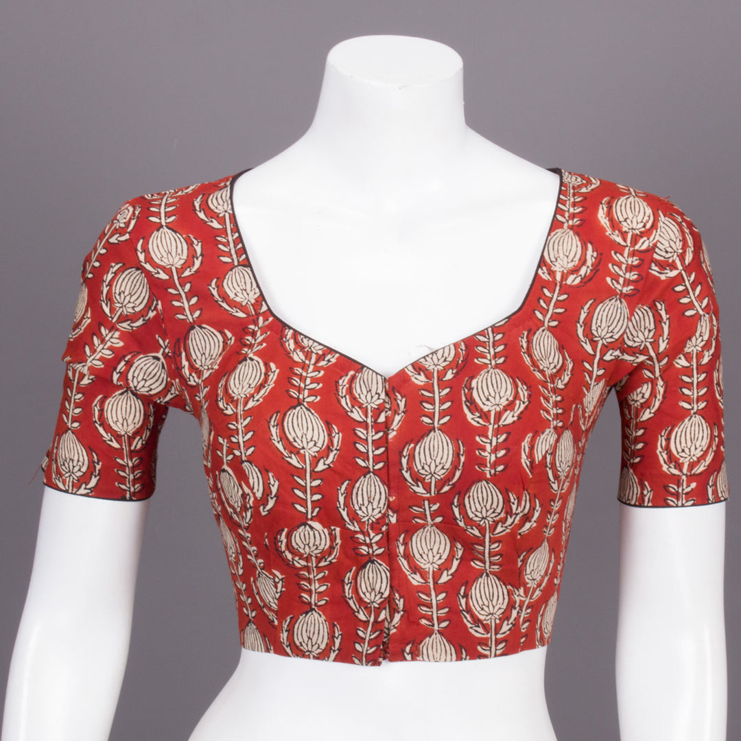 Red Hand Block Printed Cotton Blouse 10073304