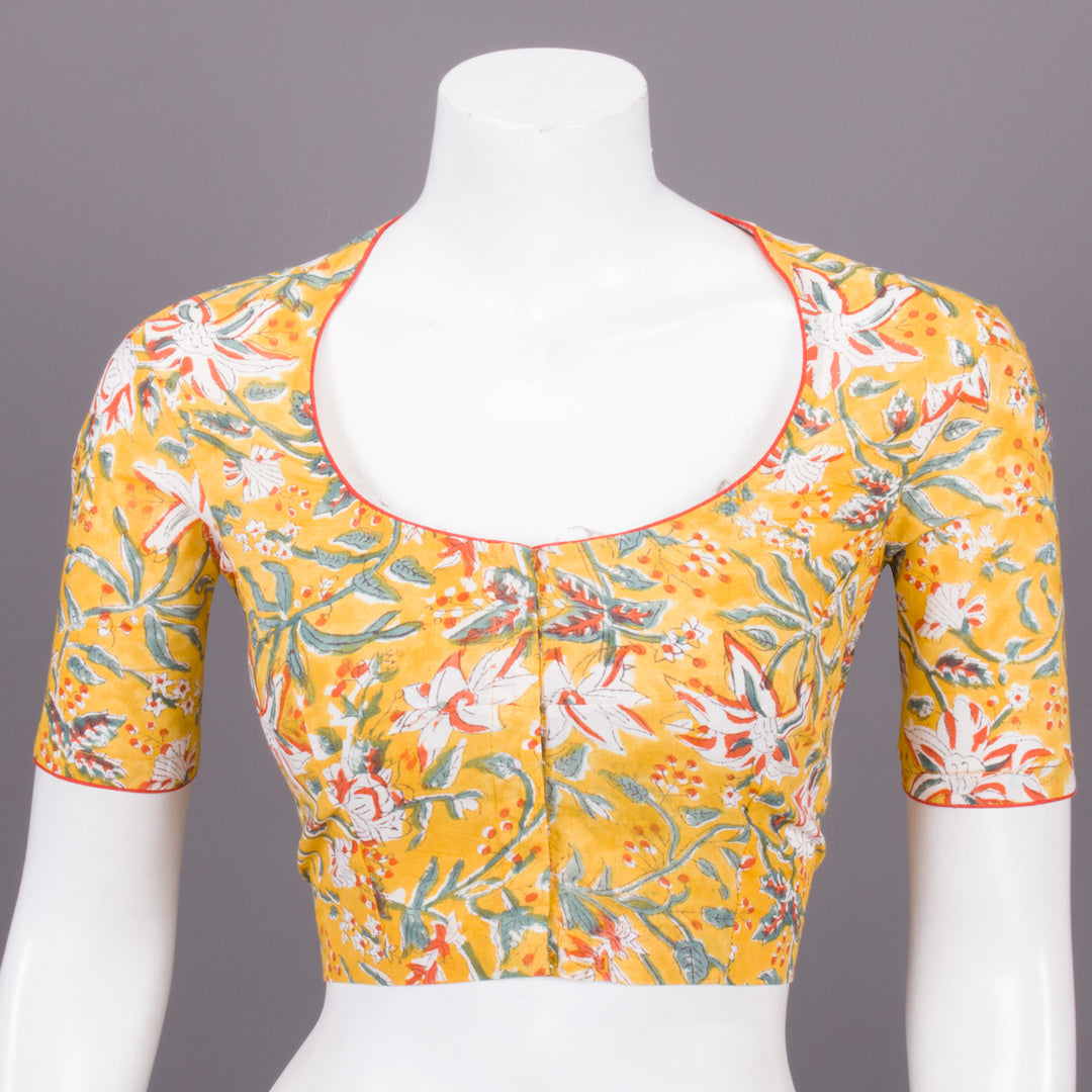 Yellow Hand Block Printed Cotton Blouse 10073309