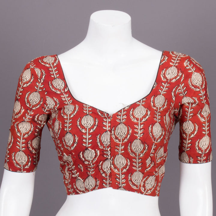 Red Hand Block Printed Cotton Blouse 10073313