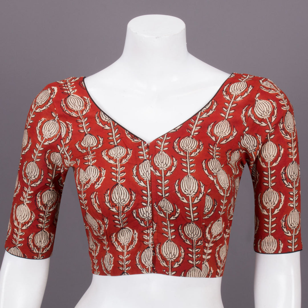 Red Hand Block Printed Cotton Blouse 10073314