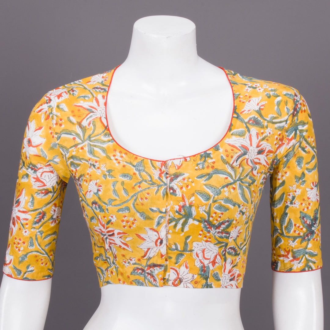 Yellow Hand Block Printed Cotton Blouse 10073323