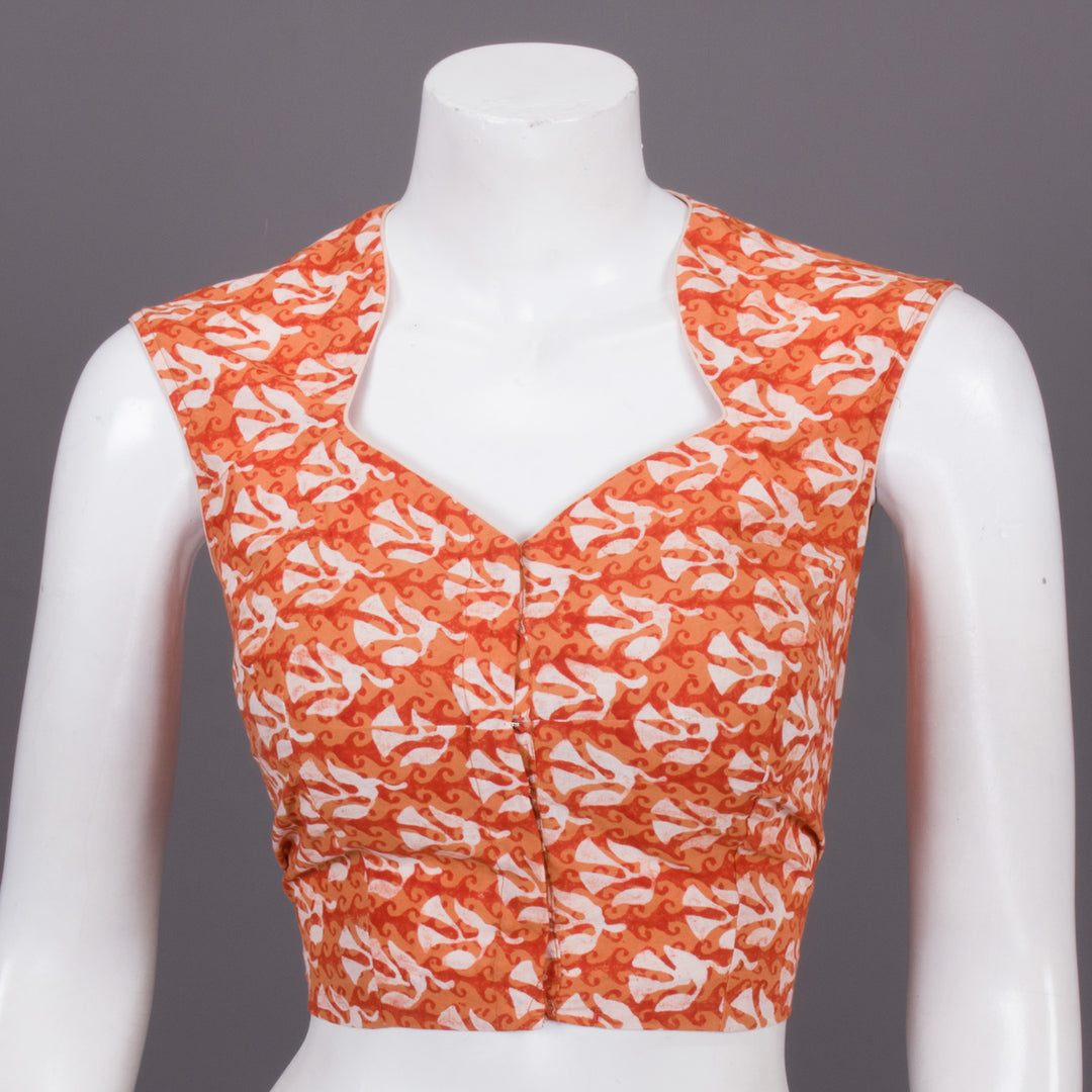 Orange Hand Block Printed Cotton Blouse 10073325