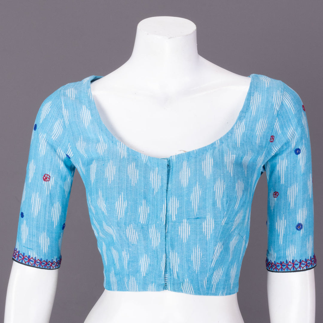 Blue Mirror Work Pochampally Ikat Cotton Blouse 10073396