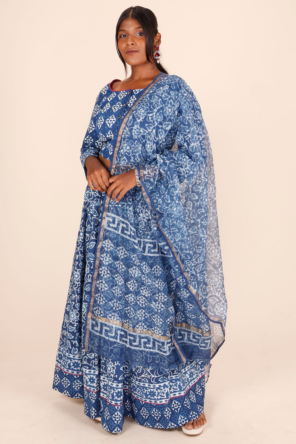 Blue Hand Block Printed Cotton Chaniya Choli With Kota Doria Dupatta 10066326