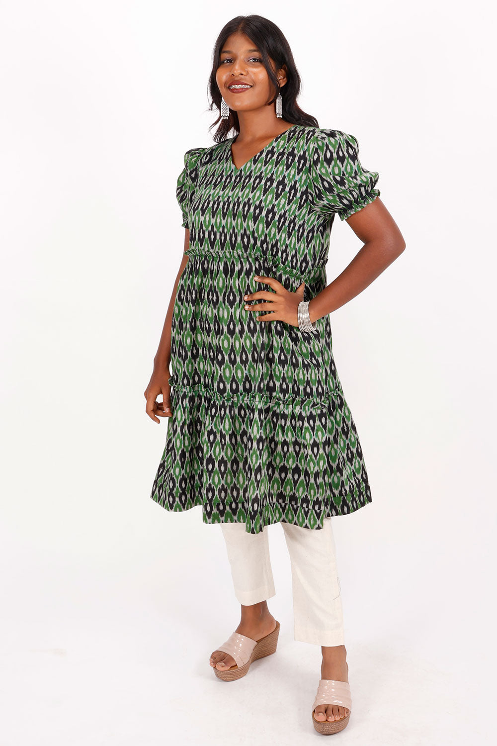 Green Handcrafted Ikat Cotton Dress