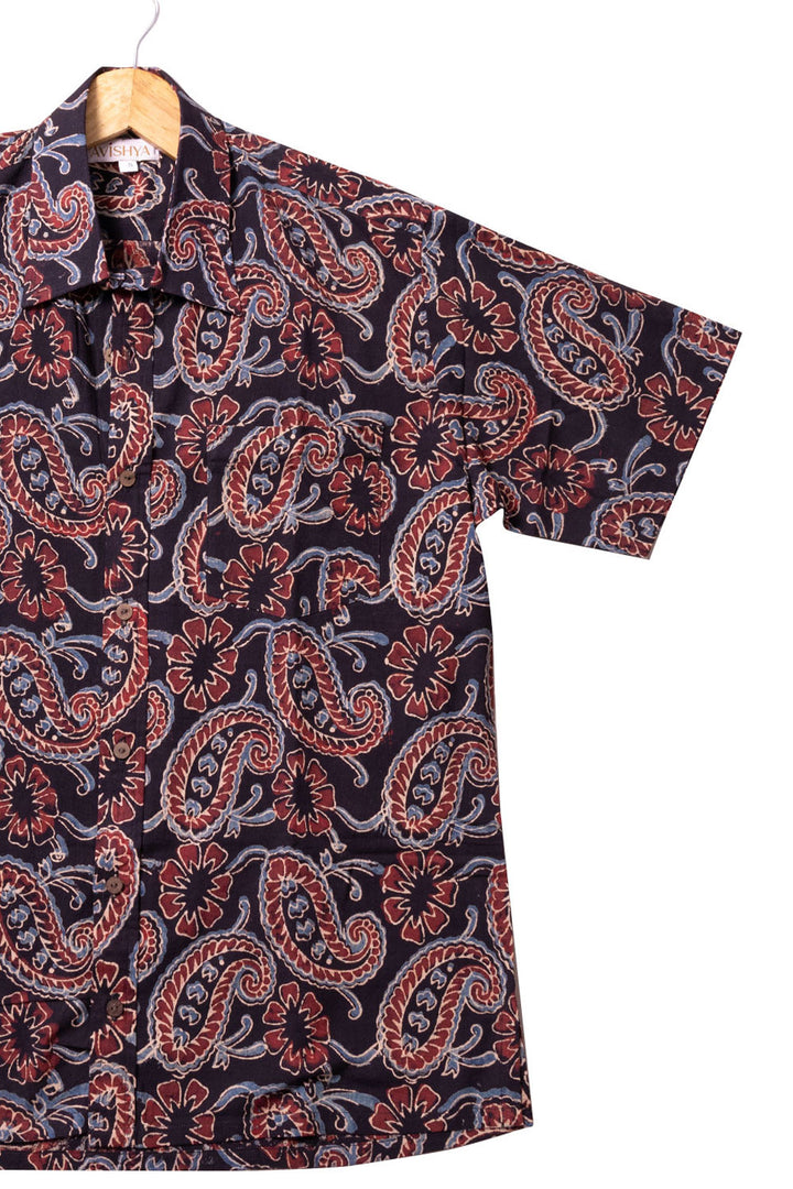 Black Half Sleeve Ajrakh Printed Cotton Mens Shirt