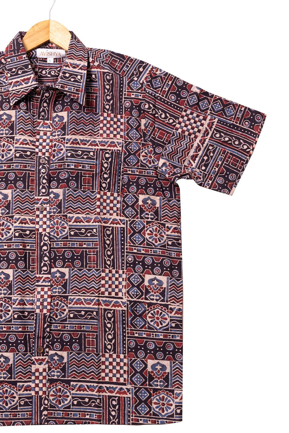 Black Half Sleeve Ajrakh Printed Cotton Mens Shirt