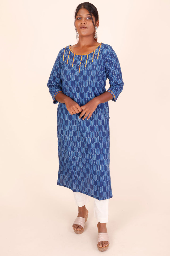 Indigo Dyed & Embroidered Dabu Printed Cotton Kurta 10068998 - Avishya