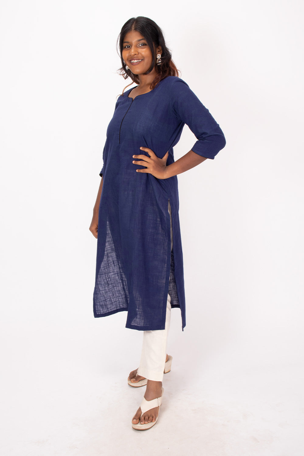 Blue Handcrafted Slub Cotton Kurta 10073153