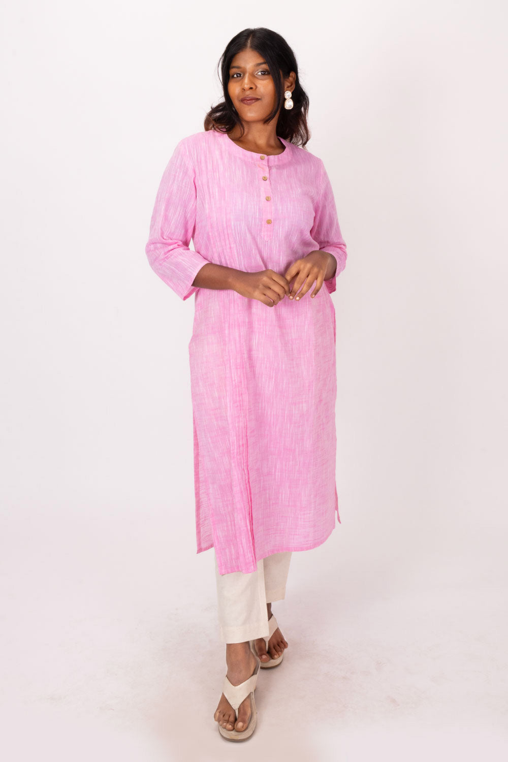 Pink Handcrafted Slub Cotton Kurta 10073156