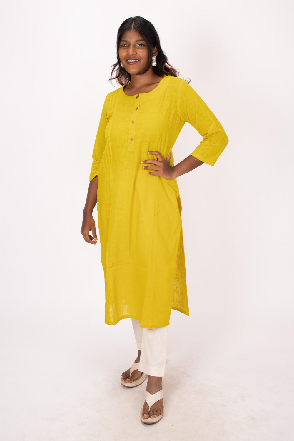 Yellow Handcrafted Slub Cotton Kurta 10073157