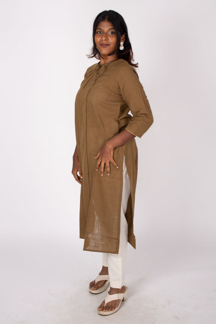 Brown Handcrafted Slub Cotton Kurta 10073251