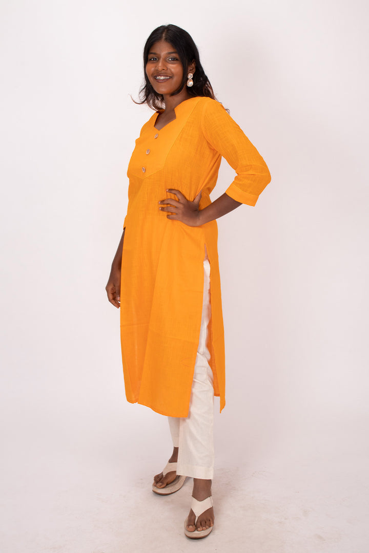 Yellow Handcrafted Slub Cotton Kurta 10073252