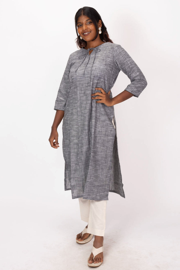 Grey Handcrafted Slub Cotton Kurta 10073254