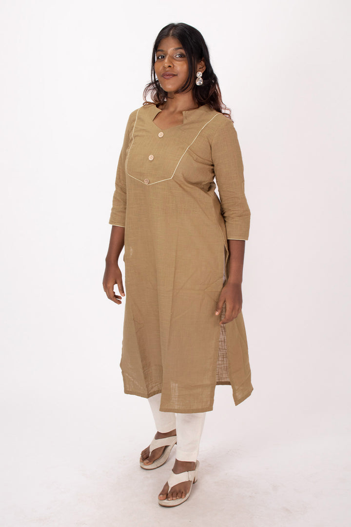 Brown Handcrafted Slub Cotton Kurta 10073255