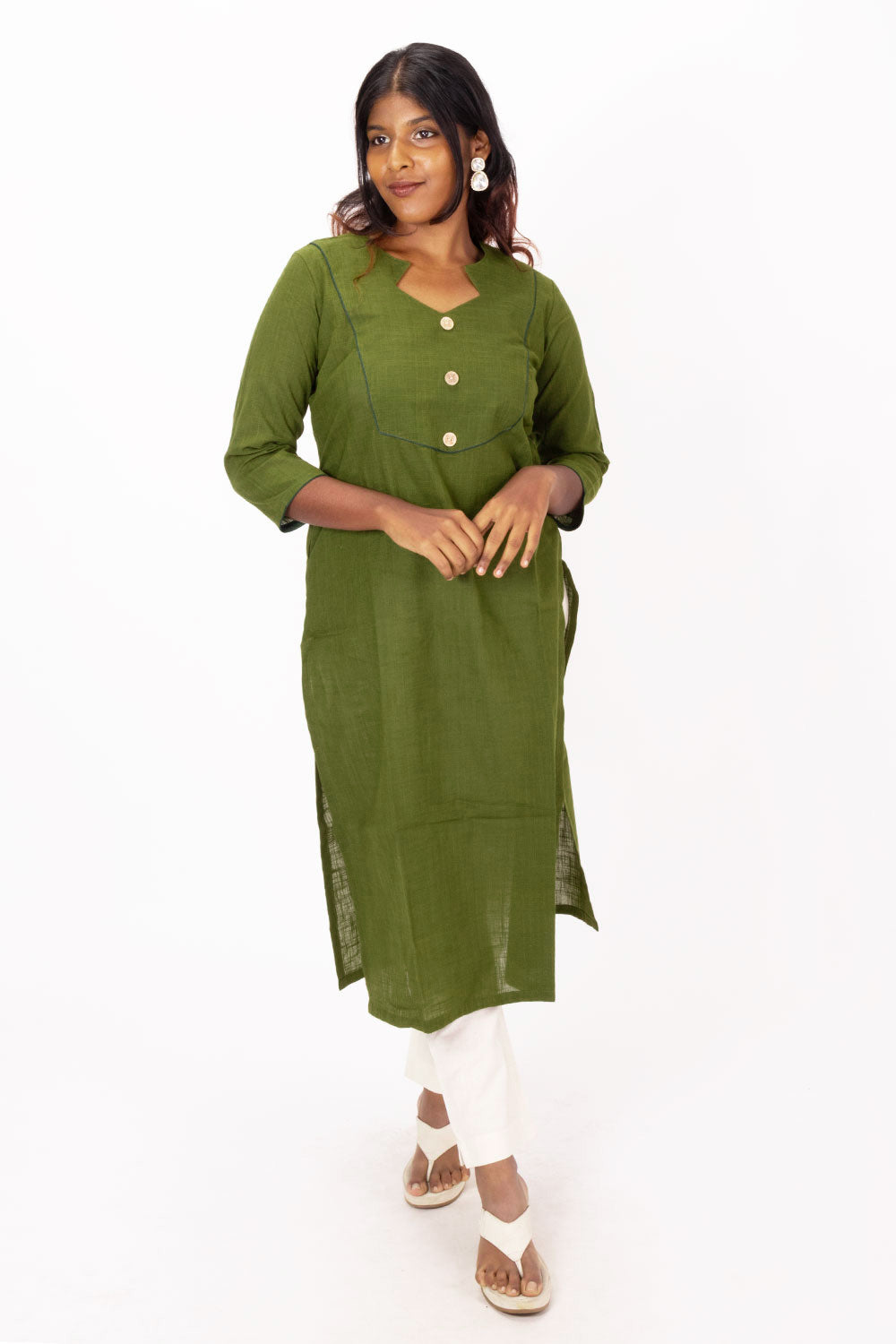 Green Handcrafted Slub Cotton Kurta 10073258