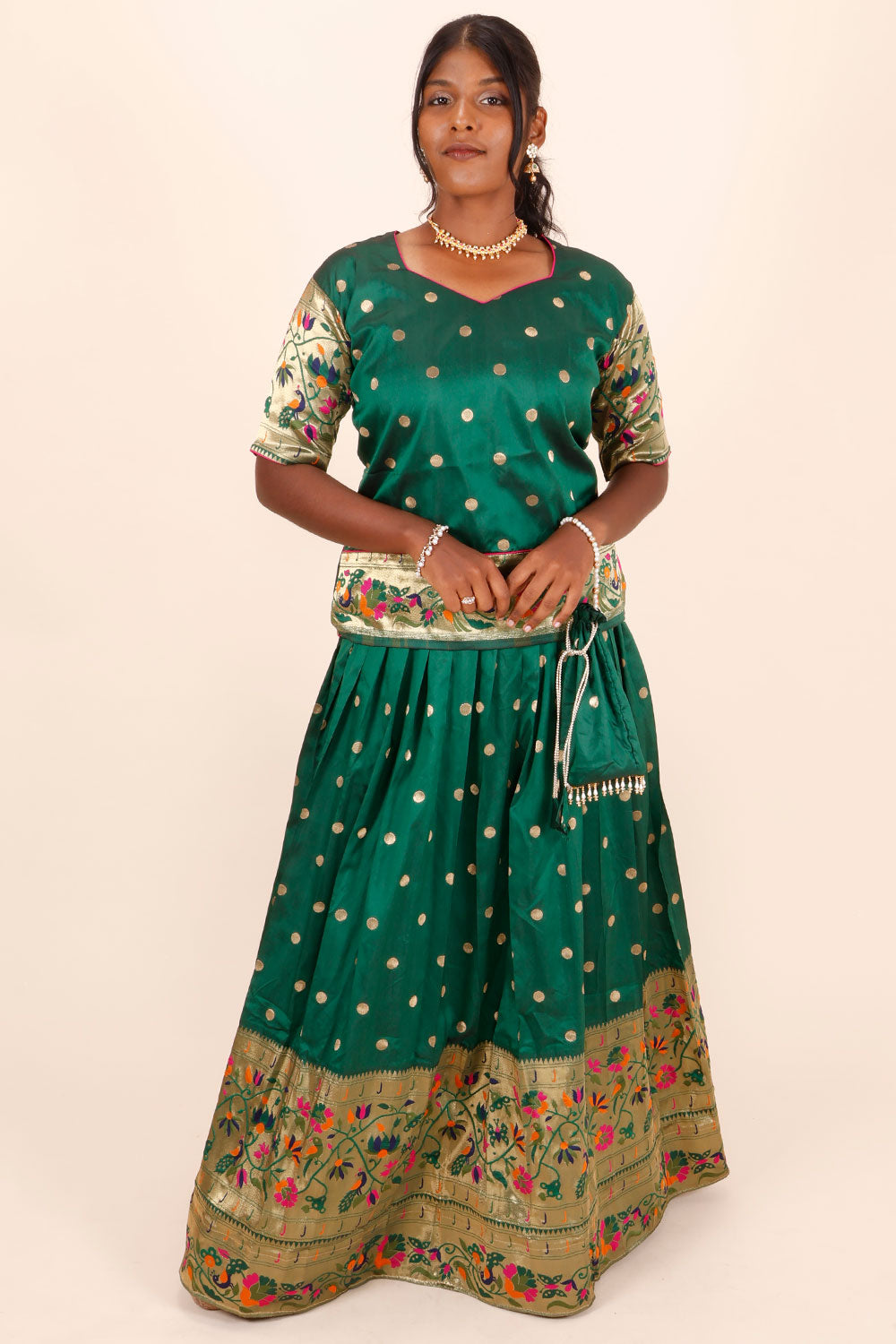 Dark Green Handcrafted Paithani Lehenga - 10065963