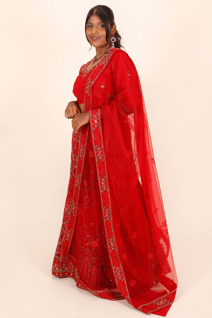 Red Net Silk Embroidered Lehenga