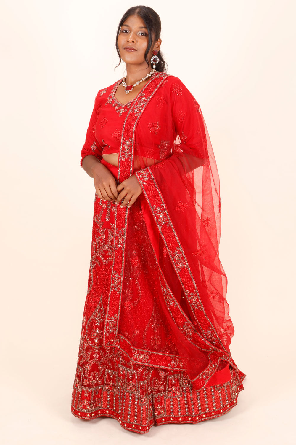 Red Net Silk Embroidered Lehenga