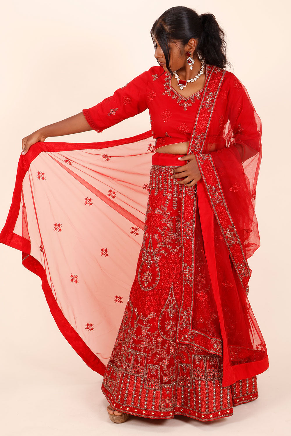 Red Net Silk Embroidered Lehenga