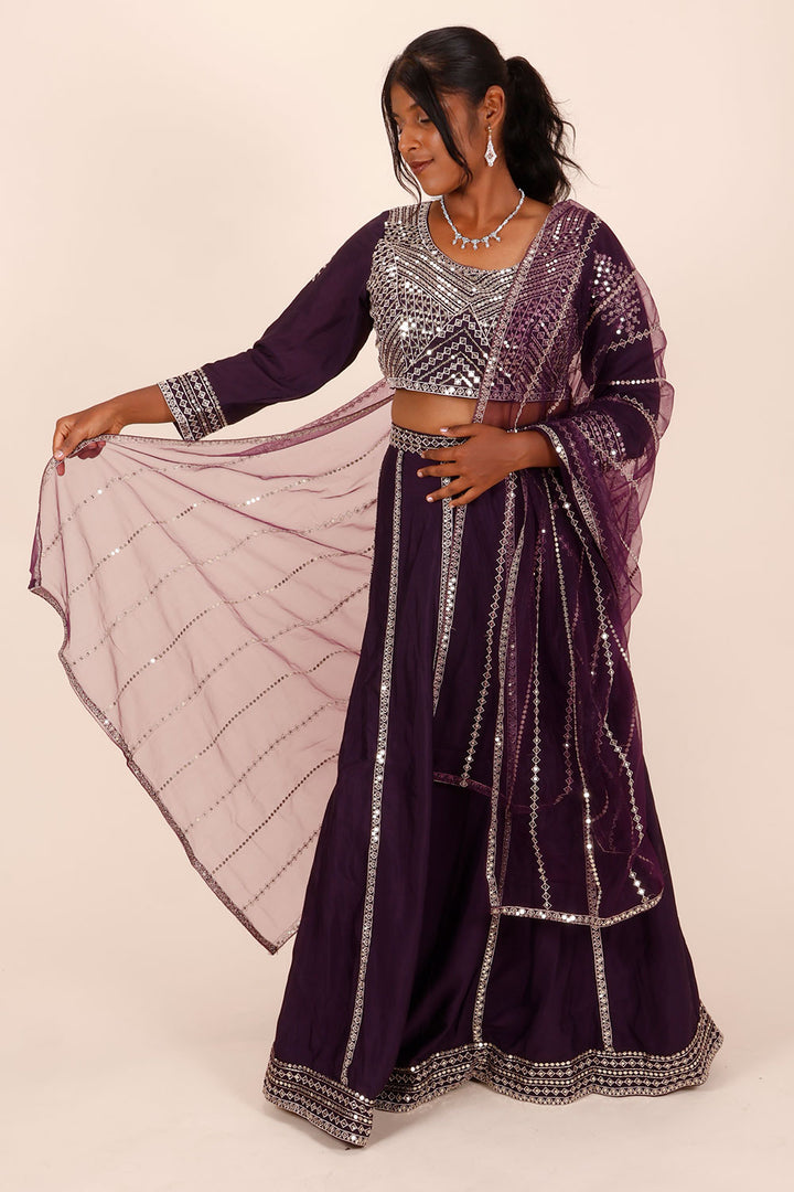 Purple Net Silk Embroidered Lehenga 